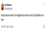 Jen Glennon @hellojenglen Some personal news! I've resigned from Kotaku and Jim Spanfeller is an herb 12:57 PM Mar 21, 2024 :