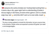 i joanna newsroom >- @ashleybardhan everyone who works at kotaku but i f------ hated working there 4 posts a day or die. upper mgmt had no understanding of kotaku's tenuous legacy in GG history, let alone what a game is. G/O is a closed, angry loop. bad and jimbo didn't want us to cover zelda. stupid tina snow aegyo @xoxogossipgita · 23h The story is being updated to include this information, but per a source close to the situation, Kotaku writers are expected to produce 50 guides *per week.* x.com/xoxogossipgita... 5:17 PM Mar 21, 2024