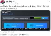 Hard Drive @HardDriveMag Ability to Review Dragon's Dogma 2 Now Hidden Behind Micro-Transactions REVIEW Dragon's Dogma 2 You've played for 17 hours Would you like to buy the ability to review the game? Get help with your purchase $2.99 Add to Cart No E Post a review Ability to Review Dragon's Dogma 2 Now Hidden Behind Micro-Trans... support, or request a refund. From hard-drive.net 2:48 PM · Mar 22, 2024 26.5K Views ...