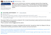 Haz Al-Din U.S. Embassy & Consulates in Russia curity Alert: Avoid Large Gatherings oVE Next 48 Hours cation: Moscow, Russia Embassy is monitoring reports that extremists hi ninent plans target large gatherings in Moscow Jude concerts, and U.S. citizens should be advised id large gatherings over the next 48 hours. @InfraHaz 22h As we continue to receive updates about the ongoing terrorist attack in Moscow, I would like to remind everyone that the U.S. embassy in Russia posted this TWO WEEKS AGO. ... Currently rated helpful 19h. View details O Shown on X Provides important context. Directly addresses the post's claim ☑ Note originally added to the image on this post, and is showing on 726 posts that include this image ... Russia's FSB announced on March 7th it had thwarted a planned terrorist attack on a Moscow synagogue. That russian news triggered the alert. Many Embassies in russia, included US and UK, issued an alert on March 7th as a standard safety procedure after russian announcement. https://www.forbes.com/sites/roberthart/2024/03/08/us-embassy-warns-of- imminent-extremist-attack-in-moscow https://ru.usembassy.gov/security-alert-avoid-large-gatherings-over-the-next- 48-hours/