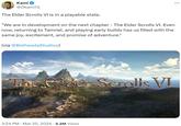 The Elder Scrolls VI is in a playable state. Kami @Okami13 The Elder Scrolls VI is in a playable state. "We are in development on the next chapter - The Elder Scrolls VI. Even now, returning to Tamriel, and playing early builds has us filled with the same joy, excitement, and promise of adventure." (via @BethesdaStudios) The Elder Scrolls VI 3:24 PM · Mar 25, 2024 5.2M Views ...