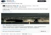 Shadz @Shadzey1 Please shut the f--- up. Andrew Tate @Cobratate · Mar 26 Follow This ship was cyber-attacked. Lights go off and it deliberately steers towards the bridge supports. Show more 0:48 clipped by @Brick_Suit Readers added context This incident is still being investigated - the statement "This ship was cyber-attacked" is speculation. reuters.com/world/us/16-mi... Do you find this helpful? Rate it 10:32 AM Mar 26, 2024 • 135.6K Views •