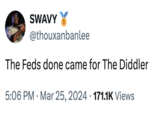 SWAVY @thouxanbanlee The Feds done came for The Diddler 5:06 PM Mar 25, 2024 171.1K Views •