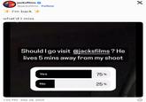 jacksfilms @jacksfilms. Follow I'm back what'd I miss Should I go visit @jacksfilms? He lives 5 mins away from my shoot Yes 75% ON No 25% 1:05 PM Mar 28, 2024 X