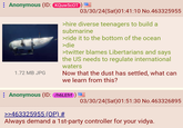 : Anonymous (ID: KQuw5cOT Ocean Fah 1.72 MB JPG 03/30/24(Sat) 01:41:10 No.463325955 >hire diverse teenagers to build a submarine >ride it to the bottom of the ocean >die >twitter blames Libertarians and says the US needs to regulate international waters Now that the dust has settled, what can we learn from this? : Anonymous (ID: /h6LEfrf) >>463325955 (OP) # 03/30/24(Sat) 01:51:30 No.463326895 Always demand a 1st-party controller for your vidya.