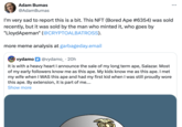 Adam Bumas @AdamBumas I'm very sad to report this is a bit. This NFT (Bored Ape #6354) was sold recently, but it was sold by the man who minted it, who goes by "LloydApeman" (@CRYPTOALBATROSS). more meme analysis at garbageday.email vydamo @vydamo 20h It is with a heavy heart I announce the sale of my long term ape, Salazar. Most of my early followers know me as this ape. My kids know me as this ape. I met my wife when I WAS this ape and had my first kid when I was still proudly wore this ape. By extension, it is part of me.... Show more