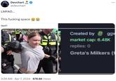 Devchart @devchart LMFAO... This f------ space 6 Well? • 3:39 AM Apr 7, 2024 678.6K Views Created by ggv market cap: 6.48K replies: 0 Greta's Milkers (1