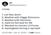 J. Cole's Apology to Kendrick Lamar meme KJ @KdotJohnson_ J Cole: 1. Let Nas down 2. Beefed with Diggy Simmons 3. Beefed with Noname 4. Said he felt bad for 69 5. Wanted to mentor Lil Pump 6. Apologized during a rap beef • 12:29 AM Apr 8, 2024 1.4M Views