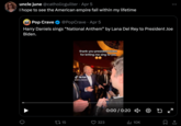 uncle june @catholicguilter Apr 5 I hope to see the American empire fall within my lifetime POP Pop Crave CRAVE @PopCrave Apr 5 • Harry Daniels sings "National Anthem" by Lana Del Rey to President Joe Biden. thank you president biden for letting me sing to you Tik Tok @harry.daniels 0:00 / 0:20 × 1715 323 IlII 10K 71 K