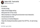 Tekken 4 OST - Touch and Go @MrQuestoBehave P6 wishlist: -Female protag -High school/college setting -Bring back the 72 Hour timer -More emphasis on making the environment more interactive -Actual bosses this time -Less focus on Combo Weapons -Keep the checkpoint/sandbox system from Off The.. oh wait wrong series 5:57 PM ⚫ Apr 8, 2024 ...