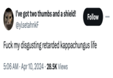 F--- my disgusting retarded kappachungus life I've got two thumbs and a shield! @ylsetahnkF Follow F--- my disgusting retarded kappachungus life • 5:06 AM Apr 10, 2024 28.5K Views