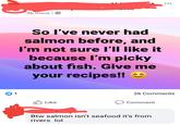 1 36 mins So I've never had salmon before, and I'm not sure I'll like it because I'm picky about fish. Give me your recipes!! ☺ Like 26 Comments Comment Btw salmon isn't seafood it's from rivers lol