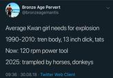 Average Kwan girl needs for explosion

1990-2010: tren body, 13 inch d---, tats

Now: 120 rpm power tool

2025: trampled by horses, donkeys
