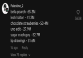 Comparisons  Palestine_2 bella poarch -65.3M leah halton - 41.2M chocolate strawberries -50.4M uno edit -27.9M sugar crash guy - 52.7M ♡ 3638 lip drawings - 51.6M 1d ago Reply View 75 replies