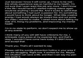 Just because I know it will come up, I have to be real - this whole experience was so harmful to my health, I'm not sure that I even want this job any more. I don't know if the life I would have if I started making videos again would be anything I would like. And it sucks to admit that about something I had such a passion for. It's something I would have to think about for longer. What little creative energy I had would always go toward this and not some fun video I wanted to make. I cared more about telling my side of it, fixing my problems, and improving my mental health. I'm in no state to perform, so don't expect me to show up at any events. I think many of you will still have criticisms for me, I anticipate many jokes at my expense too, and that's okay. I wouldn't have come here today if I didn't know and accept that. Thank you. That's all I wanted to say. Please call the suicide prevention hotline in your area if you are struggling. Right now. It worked for me. Maybe this situation can save a life, and then I can say my pain was worth it.
