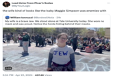 Lead Actor from Pixar's Sodas @ByYourLogic the wife kind of looks like the baby Maggie Simpson was enemies with O William lannuzzi @BordwellNole. 21h My wife is a brave Jew. We stood alone at Yale University today. She wore no mask and was proud. Notice the horde hiding behind their masks. 0:59 3:34 PM Apr 22, 2024 407.4K Views JEW