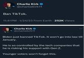 Charlie Kirk @charliekirk11 Ban TikTok. 11:41 PM • 1/24/23 From Earth 252K Views • Charlie Kirk @charliekirk11 Biden just banned TikTok. It won't go into law till January. He is so controlled by the tech companies that he is risking his support with Gen Z. Younger voters won't forget this.