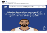 @ShaivonteBurner 4TH QUARTER YELLING WHY TF BATUM IN nicholas batum 2023 playoffs X Q Nicolas Batum has averaged 1.7 rebounds, 1.3 assists and 1.0 point in 3 games in the 2023 playoffs. 7:41 AM Apr 21, 2023 <] A
