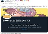 () Ficusn't @ProficFicus They suspended Orenji. For a meme. For a drawing challenge. That's it. I'm nuking this site. EVERYONE is getting banned by the end of next month even if that's the last thing I do. ONICHAN NG CANDY CHORE @WholesomeOrenji Account suspended X suspends accounts that violate the Rules. 11:14 PM - Apr 25, 2024 258 Views