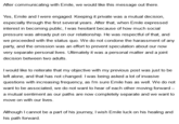 After communicating with Emile, we would like this message out there. Yes, Emile and I were engaged. Keeping it private was a mutual decision, especially through the first several years. After that, when Emile expressed interest in becoming public, I was hesitant because of how much social pressure was already put on our relationship. He was respectful of that, and we proceeded with the status quo. We do not condone the harassment of any party, and the omission was an effort to prevent speculation about our now very separate personal lives. Ultimately it was a personal matter and a joint decision between two adults. I would like to reiterate that my objective with my previous post was just to be left alone, and that has not changed. I was being asked a lot of invasive questions with increasing frequency, as I'm sure Emile has as well. We do not want to be associated, we do not want to hear of each other moving forward- a mutual sentiment as our paths are now completely separate and we want to move on with our lives. Although I cannot be a part of his journey, I wish Emile luck on his healing and his path forward.