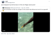 mel @memegodmel just dipped my birria taco in the six flags wave pool • Damarys @RoatansFinest Apr 24, 2022 Went to Roatan to dip my mango in the ocean like Rihanna! And it's so good!!! 0:18 • 8:51 PM Apr 28, 2022