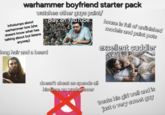 warhammer boyfriend starter pack watches other guys paint/ infodumps about warhammer lore (she doesnt know what hes talking about but listens anyway) long hair and a beard play on YouTube house is full of unfinished models and paint pots excellent cuddler doesn't cheat as spends all his time on warhammer treats his girl well and is just a very sweet guy