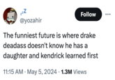 Drake Daughter meme  zzZ Follow @yozahir The funniest future is where drake deadass doesn't know he has a daughter and kendrick learned first • • 11:15 AM May 5, 2024 1.3M Views