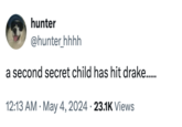 Drake Second Child meme hunter @hunter_hhhh a second secret child has hit drake..... 12:13 AM May 4, 2024 23.1K Views