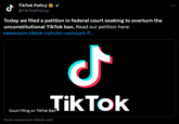 TikTok Announcement ل TikTok Policy @TikTokPolicy Today we filed a petition in federal court seeking to overturn the unconstitutional TikTok ban. Read our petition here: newsroom.tiktok.com/en-us/court-fi... Court Filing on TikTok Ban From newsroom.tiktok.com Ժ TikTok