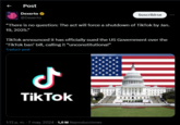 Post Dexerto @Dexerto Suscribirse "There is no question: The act will force a shutdown of TikTok by Jan. 19, 2025." Tiktok announced it has officially sued the US Government over the 'TikTok ban' bill, calling it "unconstitutional” Traducir post ـل TikTok 1:13 p. m. - 7 may. 2024 - 1,8 M Reproducciones