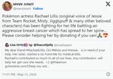 MEN JUNT @maraJunot Follow X Pokémon actress Rachael Lillis (original voice of Jessie from Team Rocket, Misty, Jigglypuff & many other beloved characters) has been fighting for her life battling an aggressive breast cancer which has spread to her spine... Please consider helping her by donating if you can! → Lisa Ortiz Ig: @lisacultjelly @Lisalisejam My dear friend #Rachael Lillis, OG #Misty and #Jessie, is in need of your help. Her sister, started a Go Fund Me for medical bills. Rachael's contributed so much to all of our lives. Any contribution will help her get care she needs. <3 @Pokemon gofundme.com/f/help-my-sist... 11:01 PM May 13, 2024