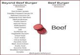 Beyond Beef Burger Ingredients Beef Burger Ingredients Water Pea Protein Isolate Expeller-Pressed Canola Oil Refined Coconut Oil Cellulose from Bamboo Methylcellulose Potato Starch Natural Flavor Maltodextrin Yeast Extract Salt Sunflower Oil Vegetable Glycerin Dried Yeast Gum Arabic Citrus Extract Ascorbic Acid Beet Juice Extract Acetic Acid Succinic Acid Modified Food Starch Beef Annatto @drgabriellelyon