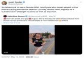 So refreshing to see a female GOP candidate who never served in the military doing the whole veteran cosplay, stolen valor, bigotry as a substitute for strength routine as well as any man. Jason Kander @JasonKander So refreshing to see a female GOP candidate who never served in the military doing the whole veteran cosplay, stolen valor, bigotry as a substitute for strength routine as well as any man. Valentina Gomez @ValentinaForSOS • May 12 * Don't be weak and gay August 6th is the day we take Missouri back from these corrupt politicians. @Cobratate @TateTheTalisman Show this thread MAGA 0:05 BP stay f------ hard • 2:23 PM May 14, 2024 456.3K Views