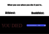 What you see when you die if you're.. Athiest: Buddhist: YOU DIED You can now play as → Luigi.