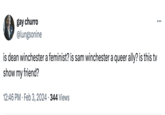 gay churro @lungsonine is dean winchester a feminist? is sam winchester a queer ally? is this tv show my friend? 12:46 PM • Feb 3, 2024 344 Views ...