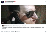 ALT tryptanymph @tryptanymph Blight Yoakam @Vomit_Dragon • May 13 I'm hitting G forces on the forklift that would make a fighter pilot f------ s--- himself • 7:08 AM - May 13, 2024 3M Views ...