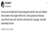 STARMAP @vageege the second all might dies I'm genuinely gonna be like "wow can't believe bnha ended on the chapter before this, what a great story that was, crazy that it's over now" and then I will drop bnha, face god, and walk backwards into hell 1:09 PM Nov 9, 2018 .