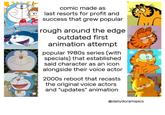 comic made as last resorts for profit and success that grew popular rough around the edge outdated first animation attempt popular 1980s series (with specials) that established said character as an icon alongside their voice actor 2000s reboot that recasts the original voice actors and "updates" animation @dailydoramipics