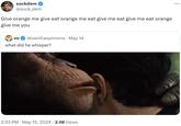 sockdem @sock_dem Give orange me give eat orange me eat give me eat give me eat orange give me you vo @vanillaopinions • May 14 what did he whisper? 2:33 PM ⚫ May 15, 2024 2.1M Views