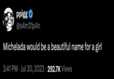 ppigg @s4m31p4n Michelada would be a beautiful name for a girl 3:41 PM ⚫ Jul 30, 2023 292.7K Views