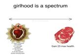 girlhood is a spectrum @welressedangel +1 Heart Container Full Health x2.3 damage multiplier. +1 flat Damage. -0.4 tears. -0.25 Shot Speed. Grants homing tears Gain 25 max health.