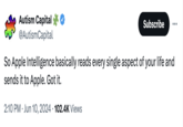 Autism Capital @Autism Capital Subscribe So Apple Intelligence basically reads every single aspect of your life and sends it to Apple. Got it. 2:10 PM Jun 10, 2024 102.4K Views