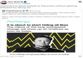 Elon Musk's Comment On X's Private Likes Update Elon Musk @elonmusk Follow Important to allow people to like posts without getting attacked for doing so! DogeDesigner @cb_doge X is reportedly rolling out private likes starting today. This means that users' likes on the platform will be hidden by default. X Soon, users will be able to like content without worrying about who might see it. The Verge X is about to start hiding all likes The rollout of the long-anticipated change will show up on timelines as soon as today. X is rolling out private likes as soon as today, 3:51 PM Jun 11, 2024