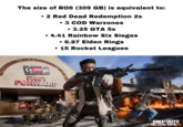 The size of BO6 (309 GB) is equivalent to: • 2 Red Dead Redemption 2s • 3 COD Warzones • 3.25 GTA 5s • 4.41 Rainbow Six Sieges • 6.87 Elden Rings • 15 Rocket Leagues FFO FAST FORWARD CALL OF DUTY BLACK OPS 6