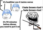 it's healthier cos it tastes worse UN UN it's 90 minutes before dinner, you need to put it on i hate brown rice! i hate brown rice!
