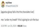 m@thew @TweetPotato314 [agustus gloop falls into the chocolate river] me: *under my breath* this is going to ruin the tour • 4:30 PM Jun 20, 2024 950.8K Views