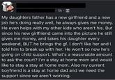 Bo 1h. My daughters father has a new girlfriend and a new job he's doing really well, he always gives me money. He even helps with my other kids who aren't his. But since his new girlfriend came into the picture he still gives me money, and takes his daughter every weekend, BUT he brings the gf. I don't like her and I told him to break up with her. He won't so now he's going on child support. What's a reasonable amount to ask the court? I'm a stay at home mom and would like to stay a stay at home mom. Also my current boyfriend is a stay at home dad and we need the support since we aren't working.