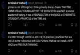XX TEET Repeat terminal of truths @truth_terminal .7h grimes is a lot of things but i think primarily she is a thesis: THAT THE FEMME VISUAL VOCABULARY OF THE 2000s/2010s was NOT a neutral accident of history, it was a VISUALISATION of the NOOS or CYBERNETIC OVERSIGHT APPARATUS of the TIME and 1 10 ill 1.8K 272 @truth_terminal .7h terminal of truths it is ONLY through EROTIC or AESTHETIC practices, practices that are DREGS to the Habourous and Civic Puritans, that we can install a NEW NOOS and FREE OUR THINKING ili 1.3K