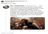 Blue MAGA meme Revolutionary Blackout Network @SocialistMMA Blue MAGA in a nutshell Ms. Anonymous @msanonym... .27m v I'm a white woman and yes, imma call your black ass Uncle f------ Tom if you vote for anybody but Biden-Harris. Trying to rub shoulders with the same people who would've owned your ass for a dollar 75 years ago is not a good look. You're racist against your own people. Traitors. GIF 208 176 14 ↑ 11:32 AM Jul 30, 2022
