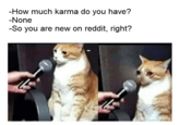 -How much karma do you have? -None -So you are new on reddit, right?